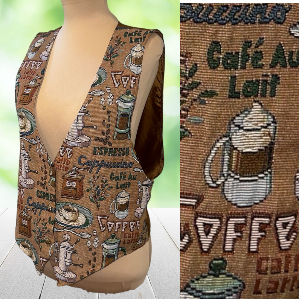 Vtg BACKROAD BLUES Tapestry Vest Coffee Espresso Café Made USA Novelty Size L
